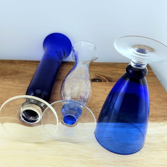 Unique Lot of 3 Vintage Mixed Cobalt Blue Glass Bud Vases mismatched collection - Picture 4 of 5